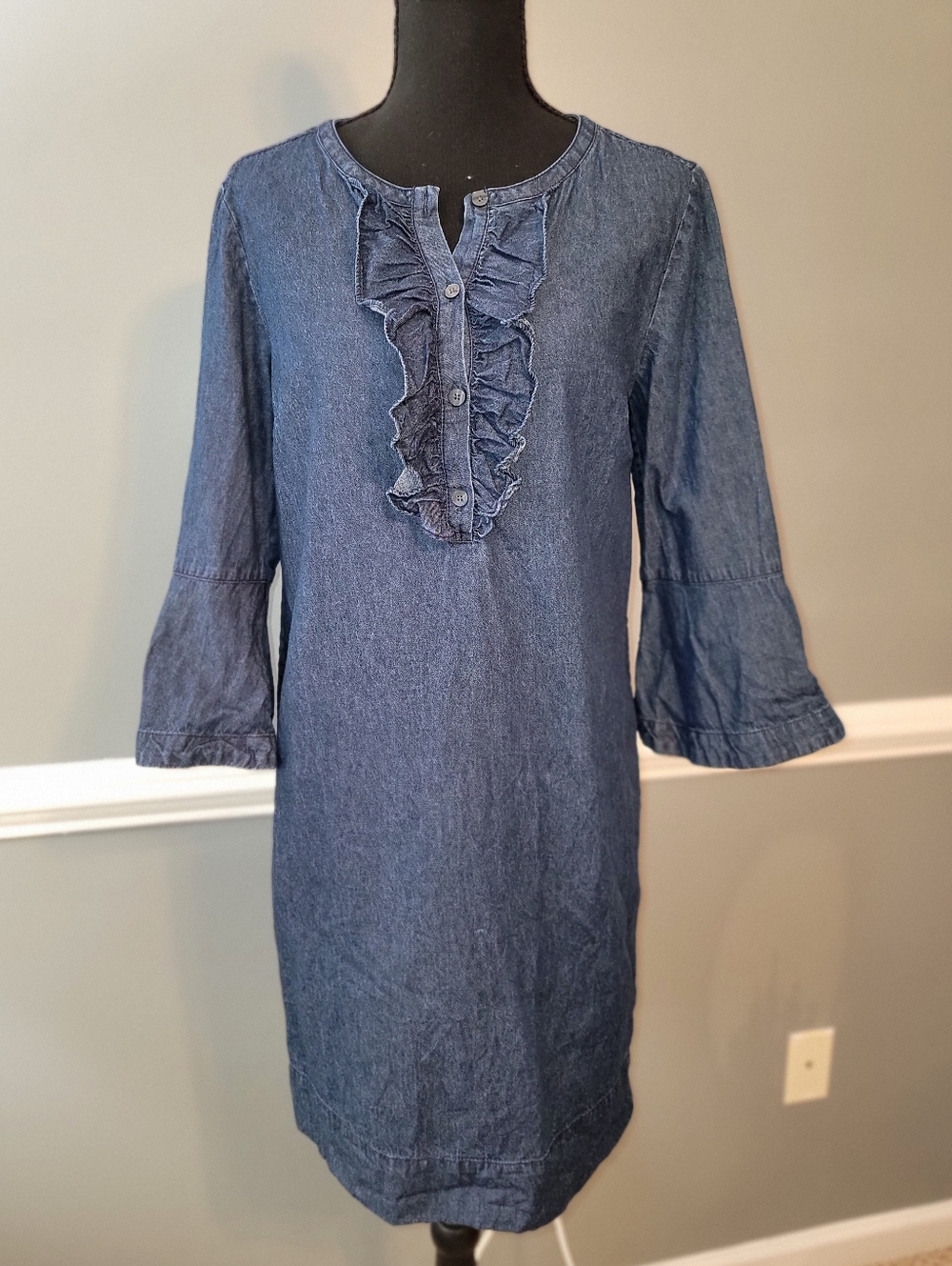 Draper James Denim Blue Ruffle Front Tunic Dress - Picture 1 of 5